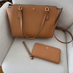 Tory Burch Tan Leather Tote and Wallet Set
